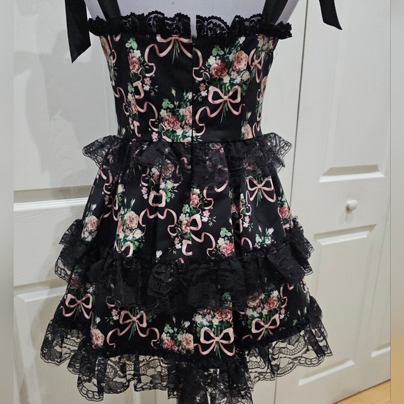 Dolls Kill Widow Goth Bows Floral Bewitched Bloom Tiered Black Lace Mini Dress - Picture 7 of 11
